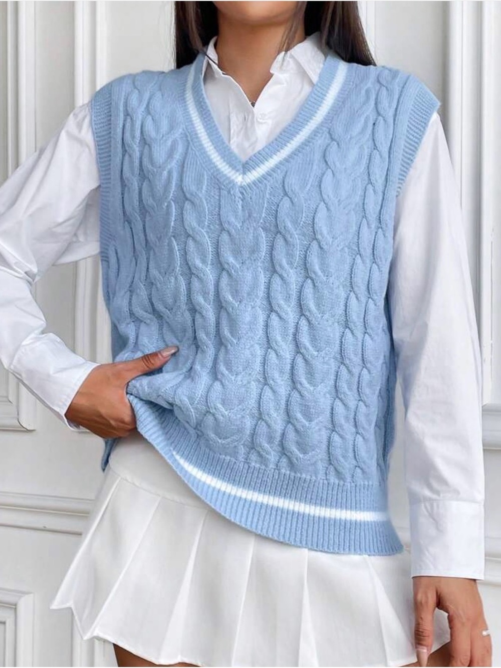 Sunday Best baby Blue Cable Knit V-Neck Sweater Vest with White Trim XL preppy